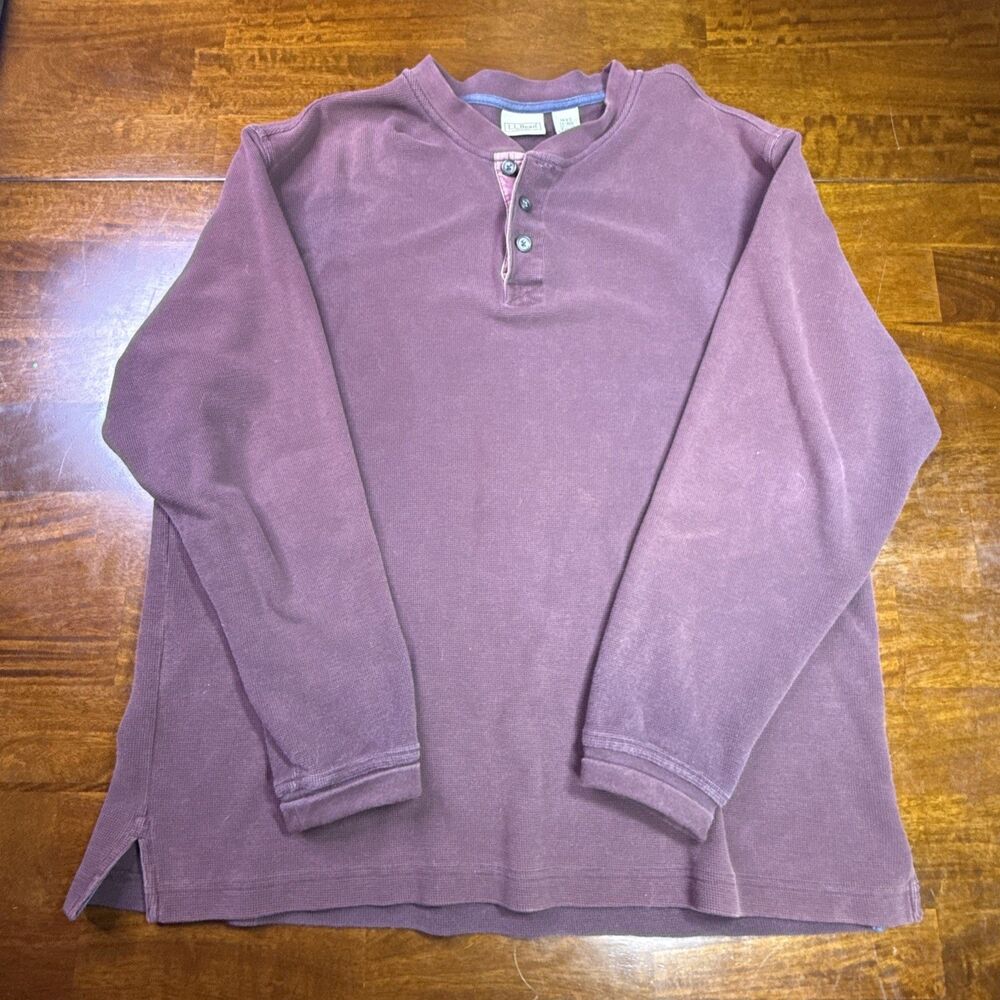 LL Bean Henley Mens L Burgundy Waffle Knit Long Sleeve Cotton Shirt Large Reg